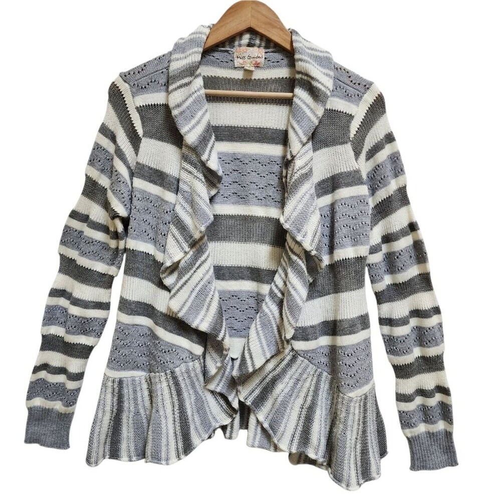 Miss Guided Gray Stripe Knit Cardigan Sweater Peplum Ruffle Women XL Pointelle